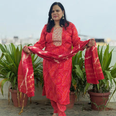 Red Muslin Silk Suit Set with Adda Work