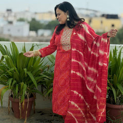 Red Muslin Silk Suit Set with Adda Work