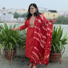 Red Muslin Silk Suit Set with Adda Work