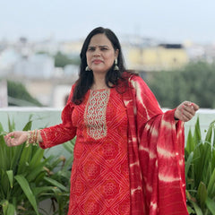Red Muslin Silk Suit Set with Adda Work
