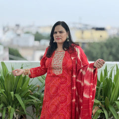 Red Muslin Silk Suit Set with Adda Work