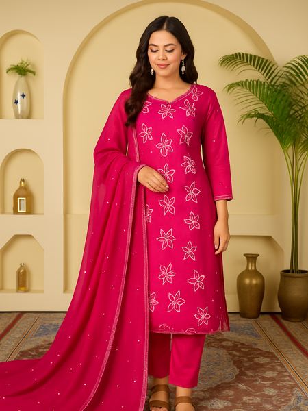 Rani Pink Floral Embroidered Straight Suit Set