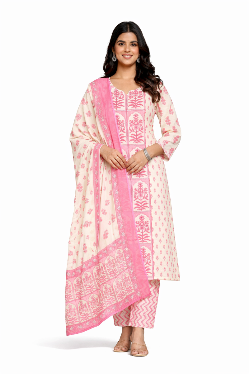 Pink Cotton Printed Premium Suit Set
