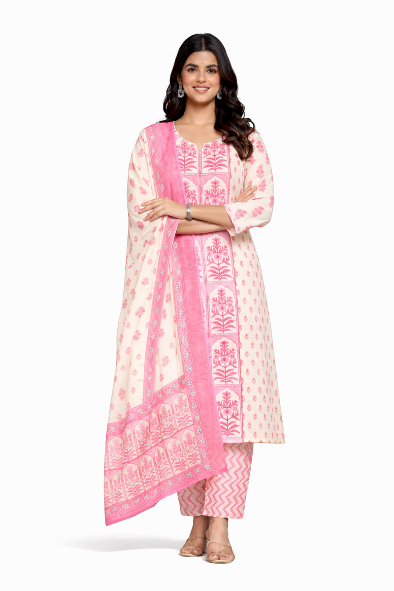 Pink Cotton Printed Premium Suit Set