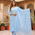 Sky Blue Embroidered Straight Suit Set