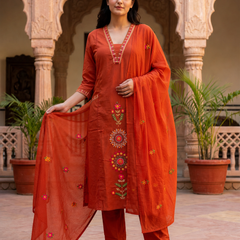 Rust Orange Embroidered Suit with Dupatta