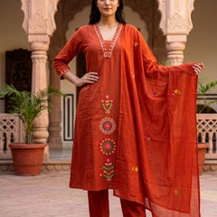 Rust Orange Embroidered Suit with Dupatta
