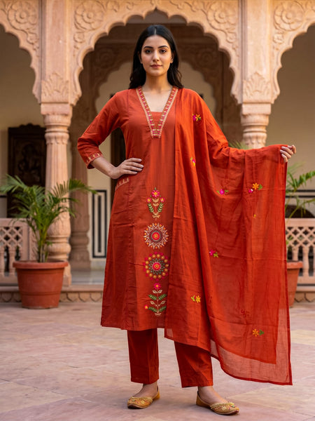 Rust Orange Embroidered Suit with Dupatta