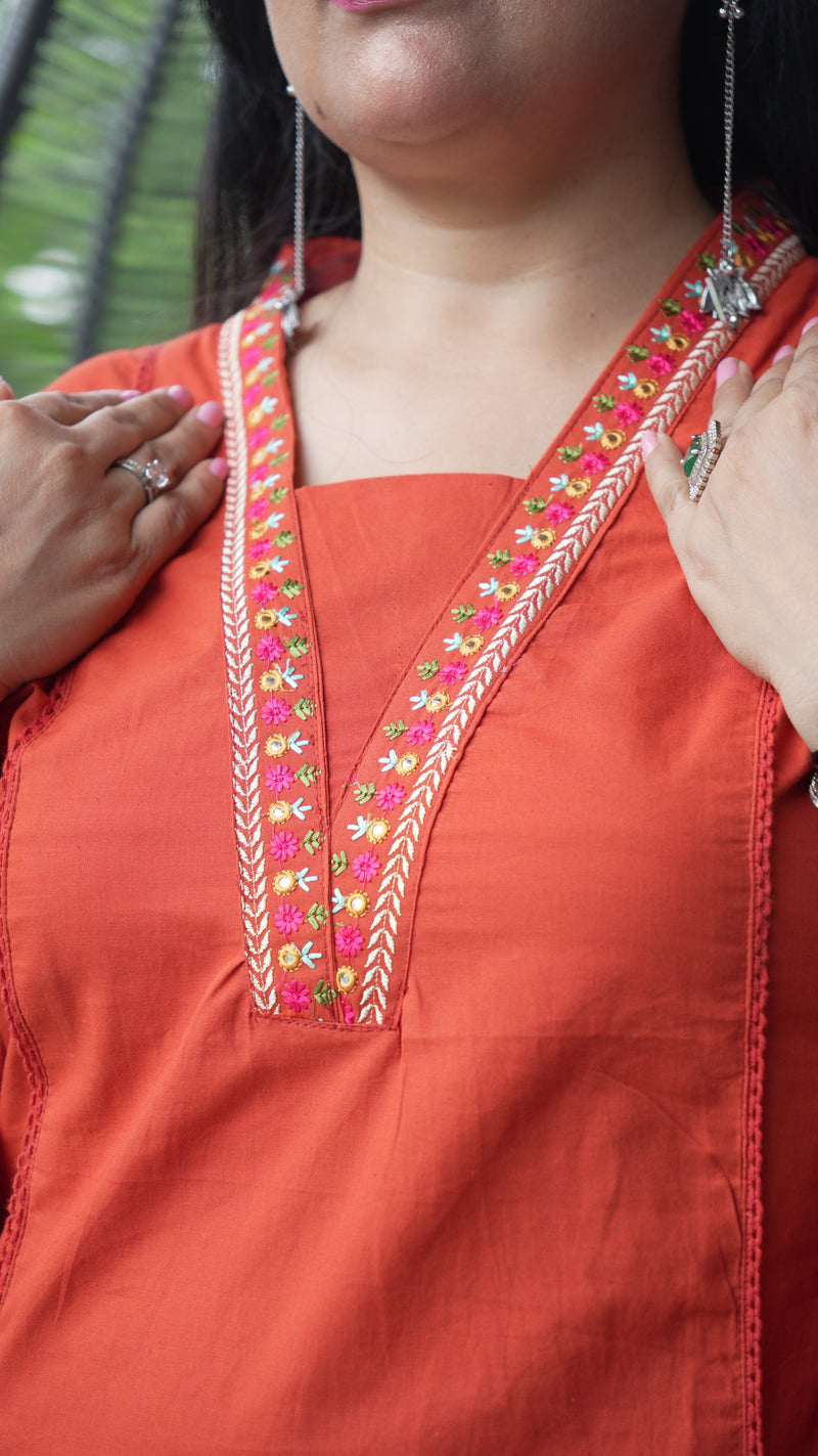 Rust Orange Embroidered Suit with Dupatta