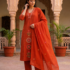 Rust Orange Embroidered Suit with Dupatta