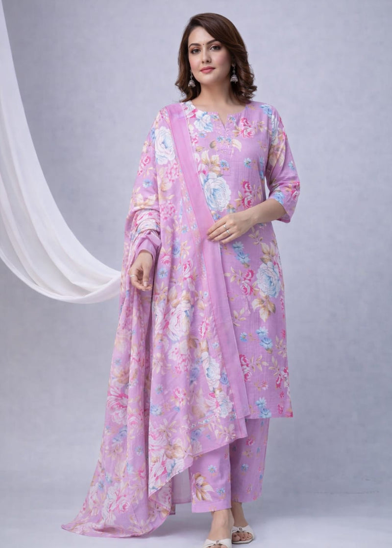 Lavender Floral Printed Suit Set