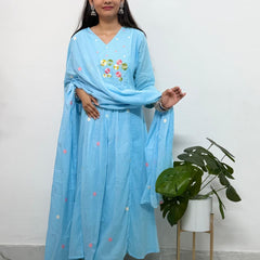 Sky Blue Floral Embroidered Mul Cotton Anarkail Set