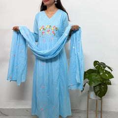 Sky Blue Floral Embroidered Mul Cotton Anarkail Set