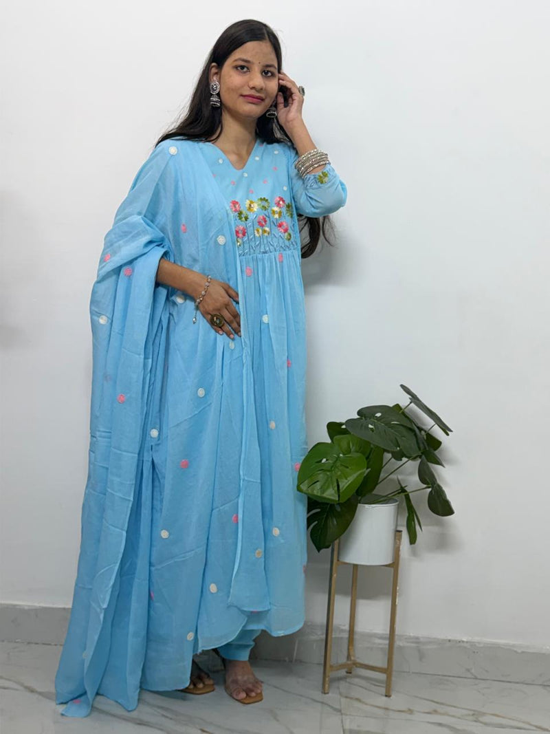 Sky Blue Floral Embroidered Mul Cotton Anarkail Set