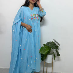 Sky Blue Floral Embroidered Mul Cotton Anarkail Set