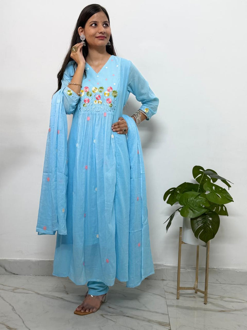 Sky Blue Floral Embroidered Mul Cotton Anarkail Set