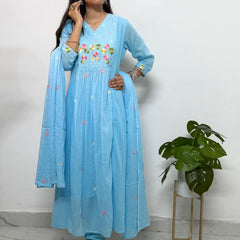 Sky Blue Floral Embroidered Mul Cotton Anarkail Set