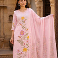 Pink Floral Embroidered Straight Suit Set