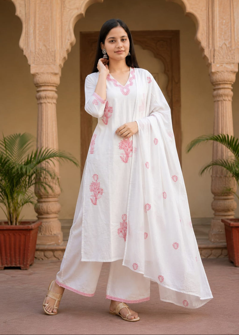 White Cotton Floral Embroidered Palazzo Set