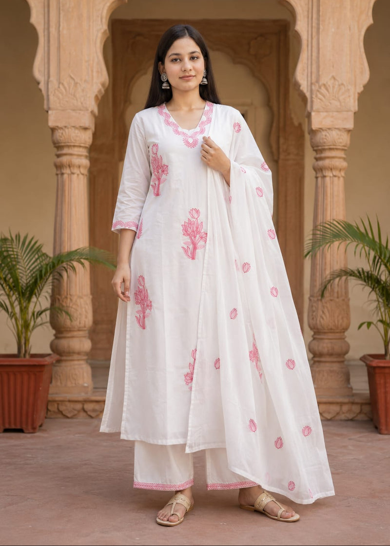 White Cotton Floral Embroidered Palazzo Set