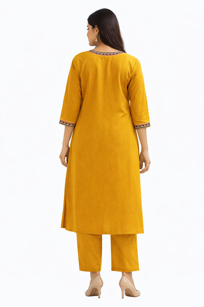 Ruaati Women Mustard Yellow Embroidered A-Line Kurta Set
