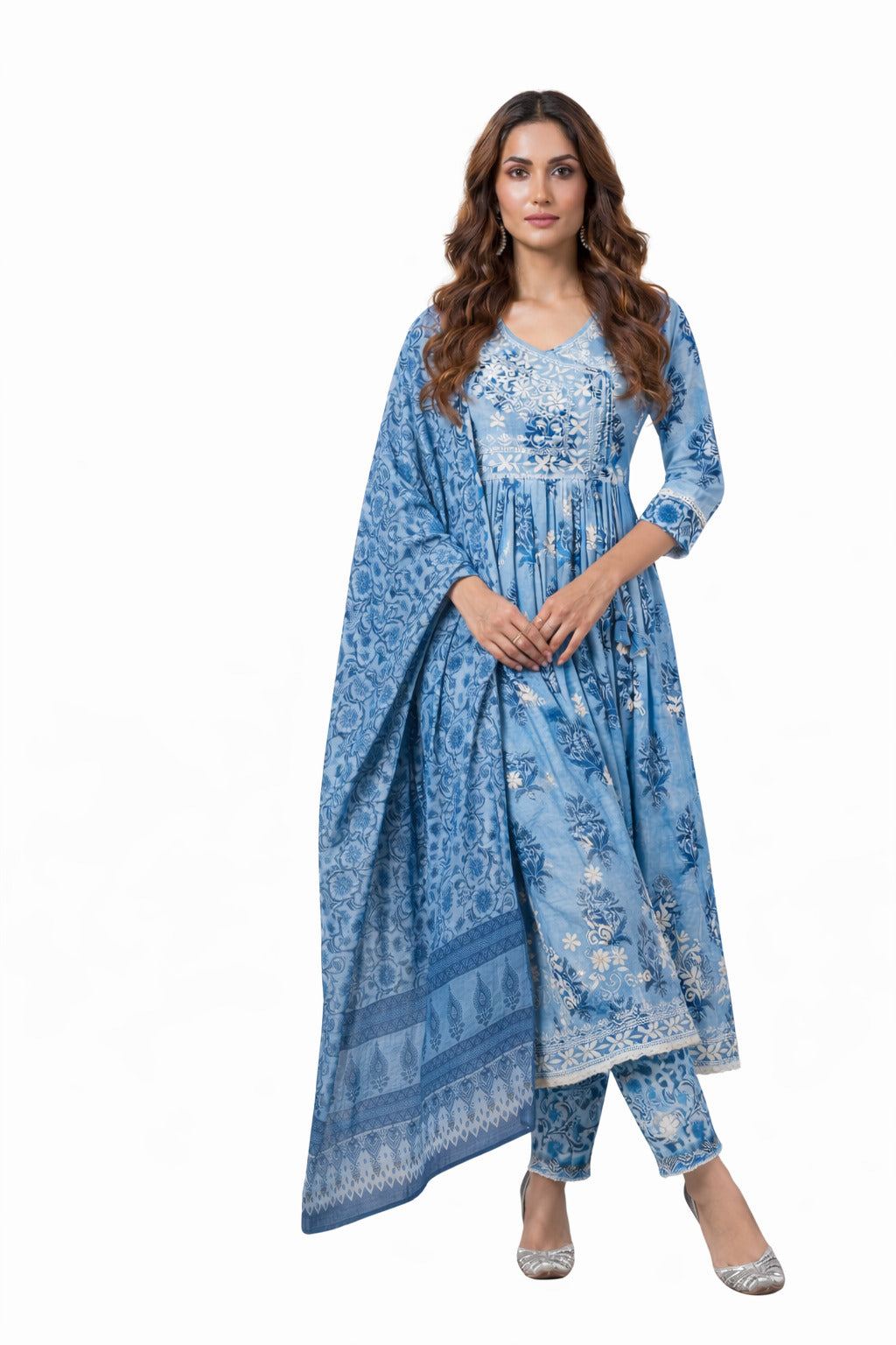 Ruaati Women Elegant Blue Mul Cotton Anarkali Kurta Set with Dupatta