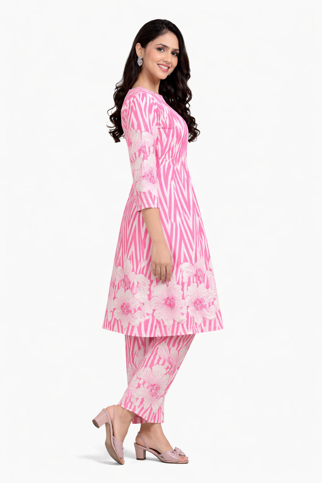 Ruaati Women Pink Printed A-Line Kurta Set with Floral Design