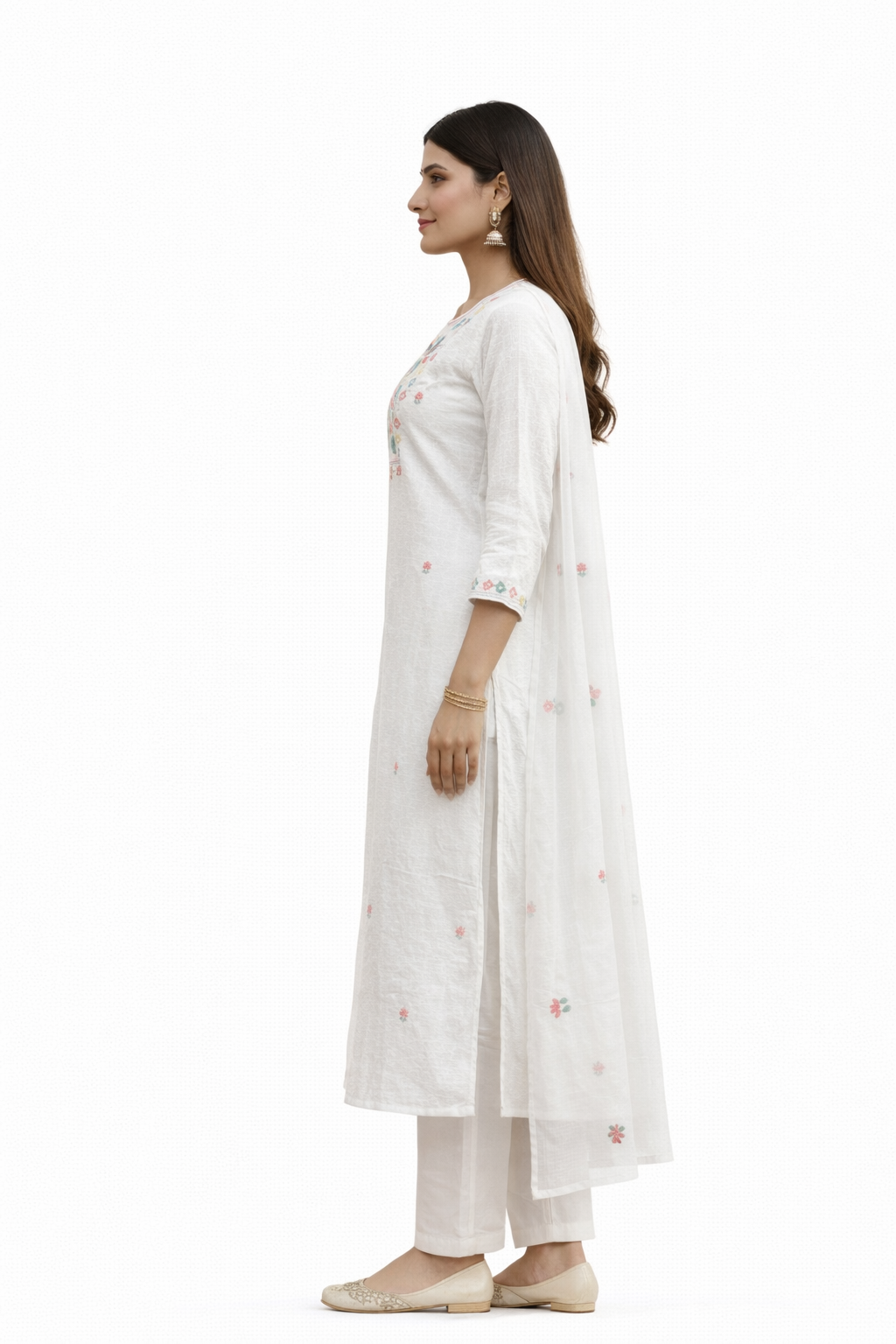 Ruaati Women Mul Cotton Embroidered White Kurta Set with Dupatta for Festive Wear