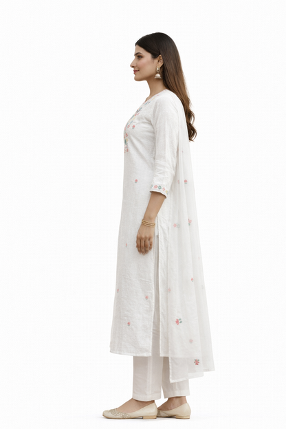 Ruaati Women Mul Cotton Embroidered White Kurta Set with Dupatta for Festive Wear