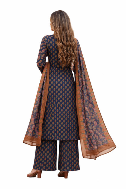 Ruaati Women Royal Indigo Floral Mul Cotton Kurta Set with Dupatta