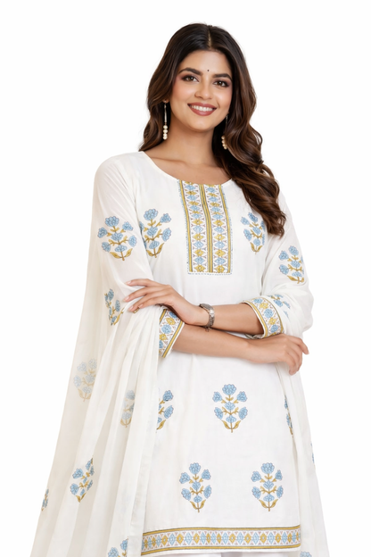 Ruaati Women Pure Mul Cotton Kurta Set with Elegant Block Print & Printed Dupatta