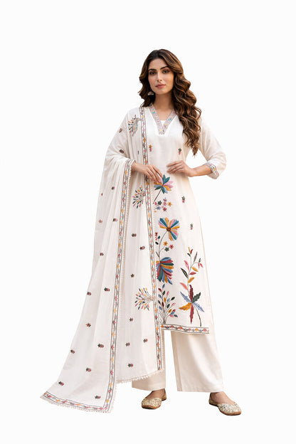 Ruaati Women Pastel Ivory Mul Cotton Kurta Set with Handcrafted Floral Design