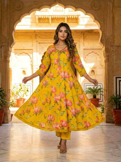 Ruaati Women Yellow Floral Kurta Set with Elegant Dupatta
