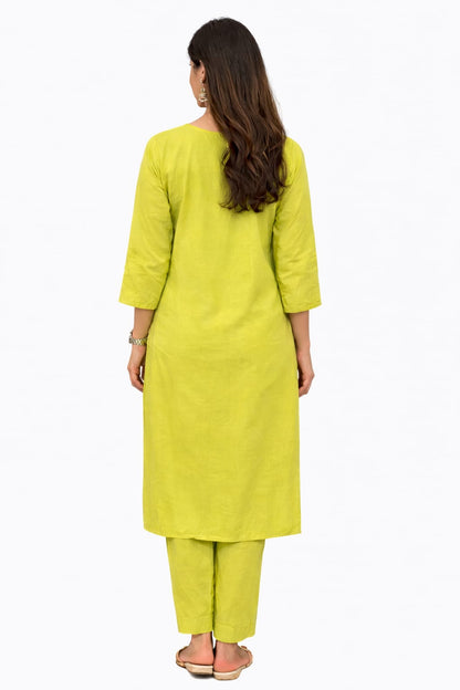 Ruaati Women Mul Cotton Parrot Yellow Chikankari Straight Kurta with Pant Set