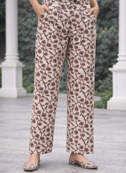 Ruaati Women Elegant Beige Floral Printed Cotton Kurta Pant Dupatta Set for Daily & Office Wear