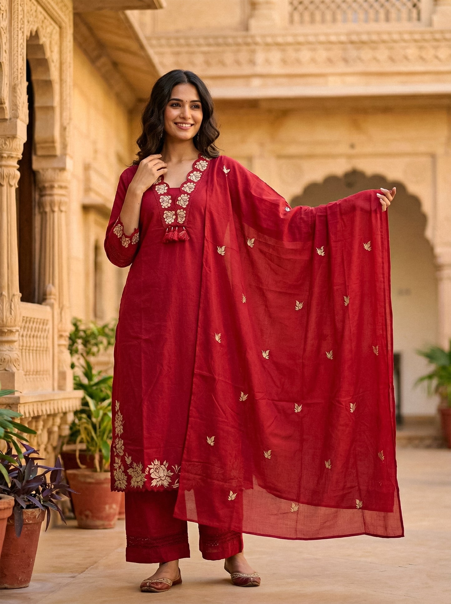 Ruaati Women Cotton Embroidered Kurta Sets with Dupatta – Elegant Ethnic Office Wear