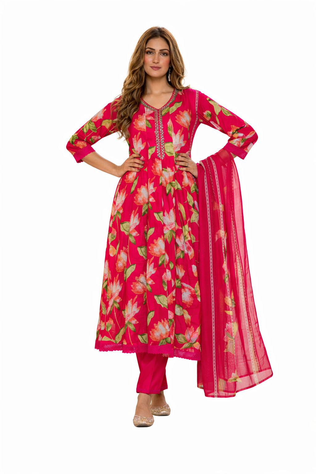 Ruaati Women Women’s Bright Pink Floral Mul Cotton Kurta Set with Dupatta
