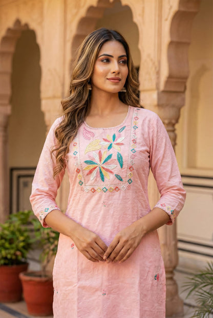 Ruaati Women Light Pink Mul Cotton Kurta Set with Floral Embroidery Work