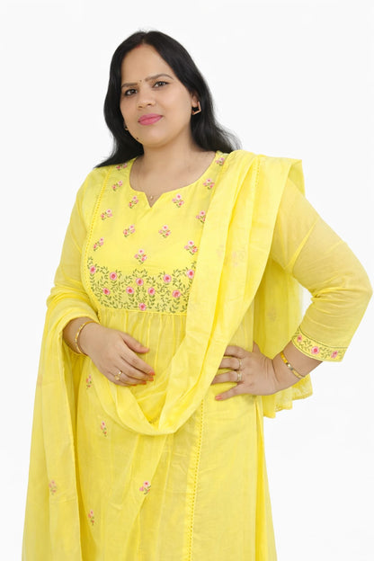 Ruaati Women Pure Mul Cotton Yellow Embroidery Kurta Pant Dupatta Set