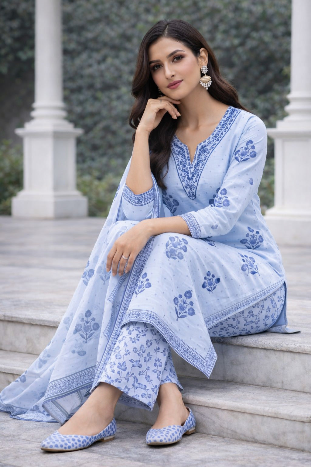 Ruaati Women Elegant Blue Floral Printed Cotton Kurta Pant Dupatta Set for Daily & Office Wear