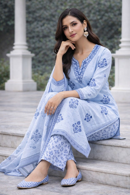 Ruaati Women Elegant Blue Floral Printed Cotton Kurta Pant Dupatta Set for Daily & Office Wear