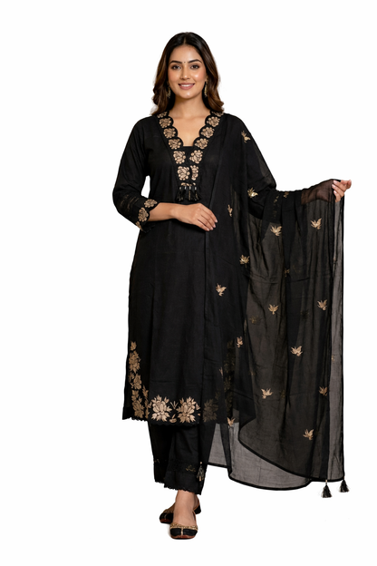 Ruaati Women Cotton Embroidered Kurta Set with Dupatta – Elegant Ethnic Office Wear