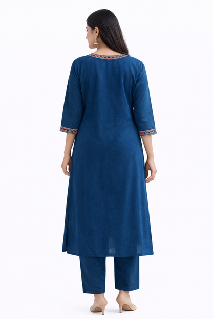 Ruaati Women Mustard Blue Embroidered A-Line Kurta Set