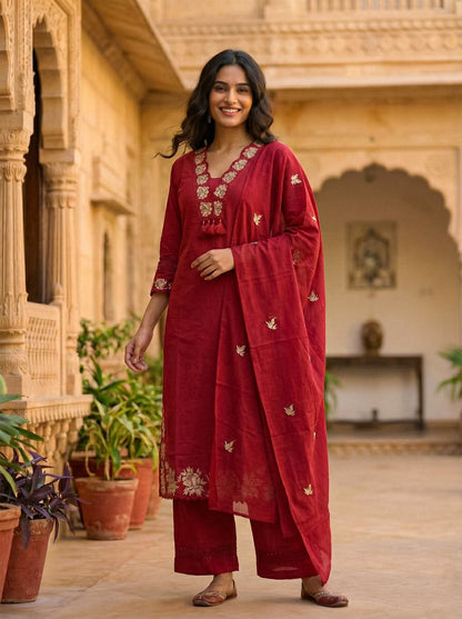 Ruaati Women Cotton Embroidered Kurta Sets with Dupatta – Elegant Ethnic Office Wear