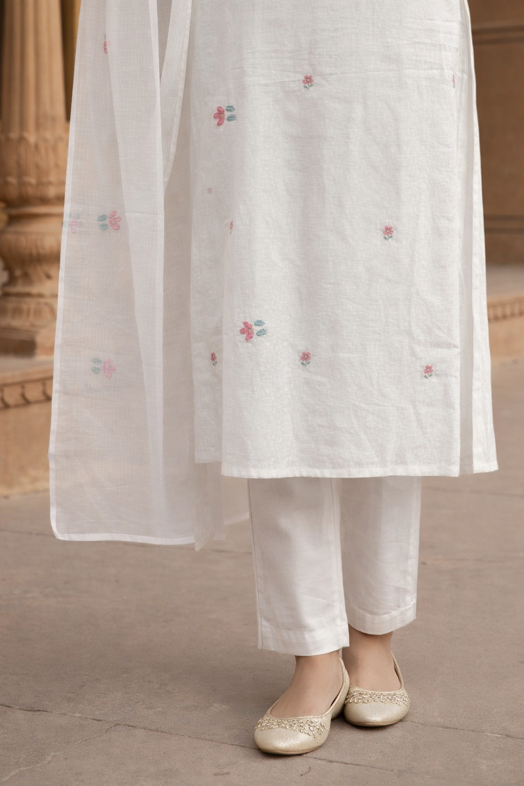 Ruaati Women Mul Cotton Embroidered White Kurta Set with Dupatta for Festive Wear
