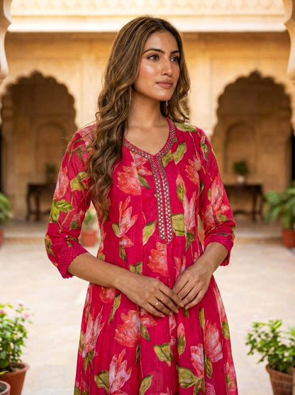 Ruaati Women Women’s Bright Pink Floral Mul Cotton Kurta Set with Dupatta