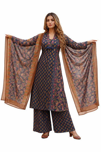 Ruaati Women Royal Indigo Floral Mul Cotton Kurta Set with Dupatta