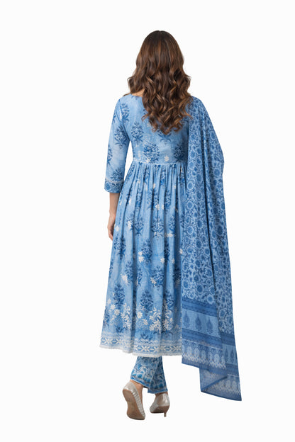Ruaati Women Elegant Blue Mul Cotton Anarkali Kurta Set with Dupatta