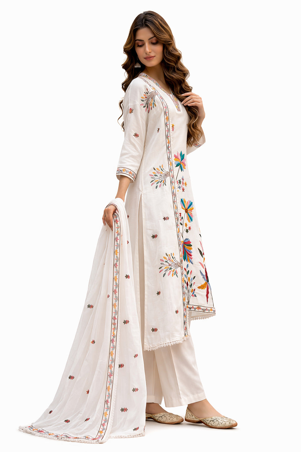 Ruaati Women Pastel Ivory Mul Cotton Kurta Set with Handcrafted Floral Design