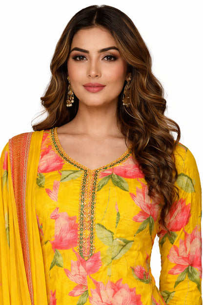 Ruaati Women Yellow Floral Kurta Set with Elegant Dupatta